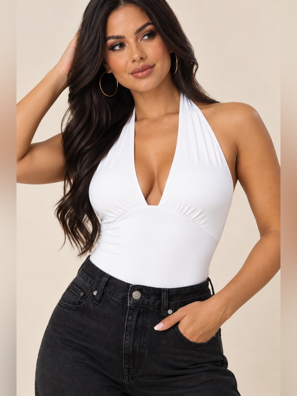 Halter v neckline bodysuit in white